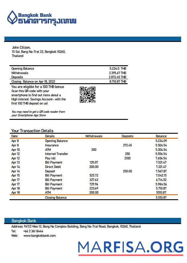 Blank Thailand Bangkok bank statement excel version 2 download for verification